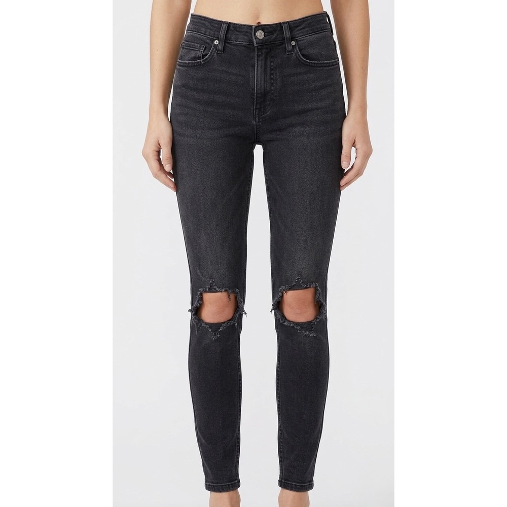 Free People High Rise Skinny Jeans Black Distressed Knee Cutout Size 28